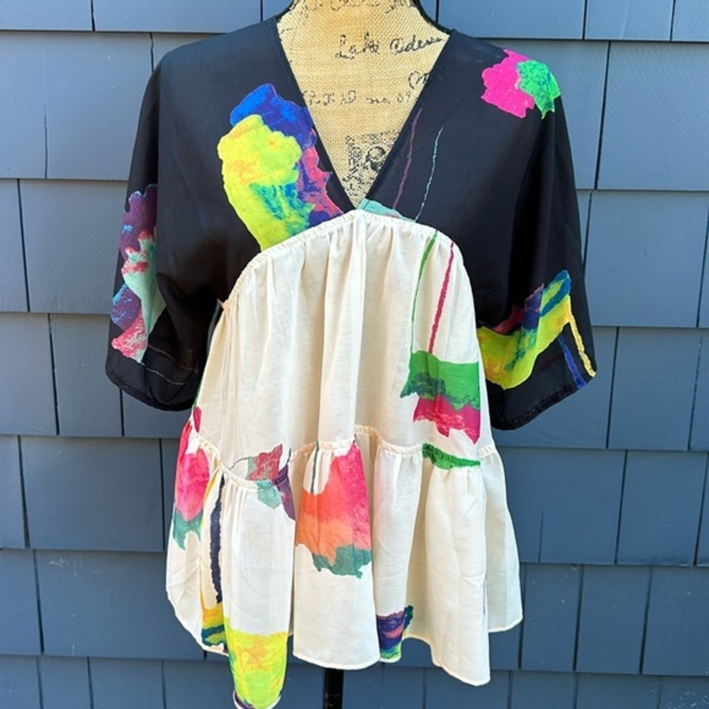 🖤💛🩷Rose & Grey medium top black cream trapeze kimono blouse shirt NWOT